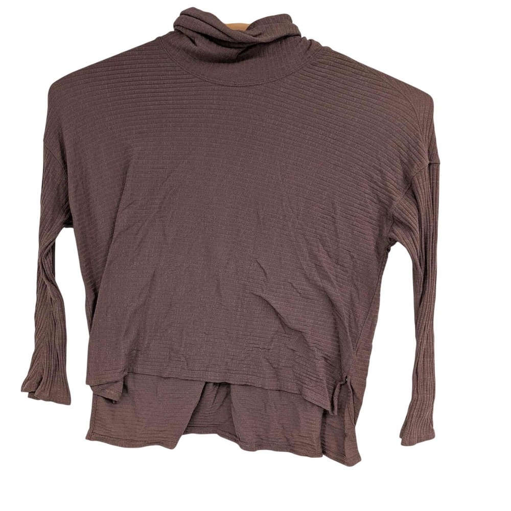 Free People Top Women SZ S Brown Waffle Cowl Neck Hi-Low Shirt Tunic Long Sleeve